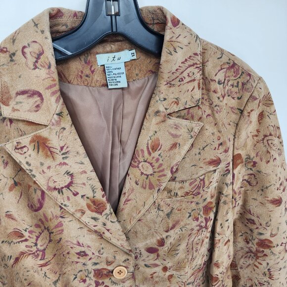 Vintage ITW Floral Print Suede Leather Jacket 12 Women's Button Down Boho Tan - Picture 4 of 8